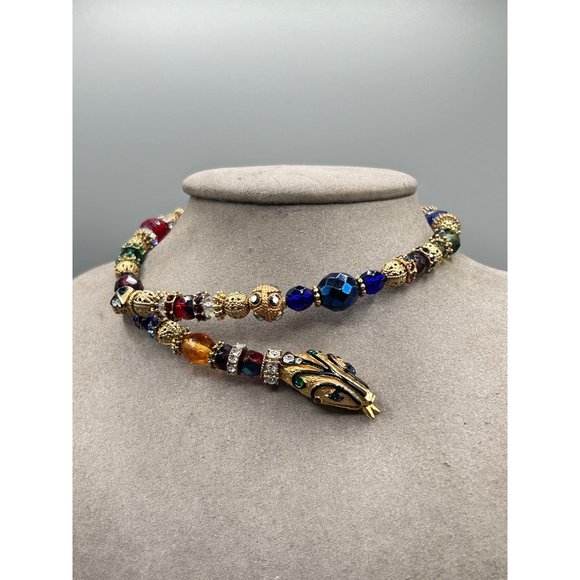 Snake Necklace Memory Wire Signed SWEET ROMANCE Beaded Serpent Choker One Size - Picture 8 of 12